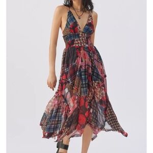 UO Midi Dress Womens M Asymmetrical Hemline Strappy Boho Smocked Patchwork Flowy